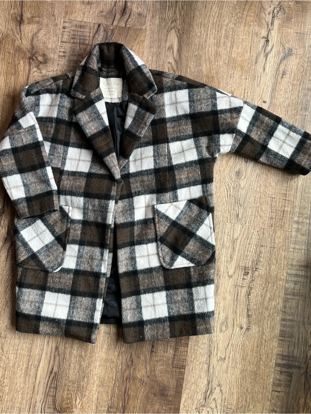 Rylee + Cru Brown, Kids Longline Black & White Plaid Pea Coat